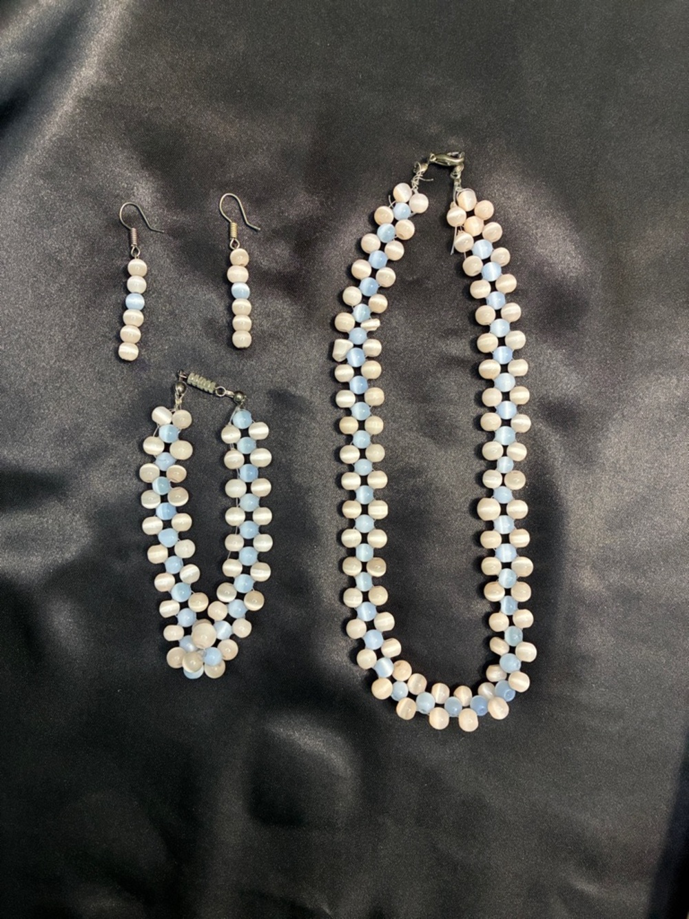 Pastel Blue & White Beaded Necklace with Matching Earrings - Unbranded